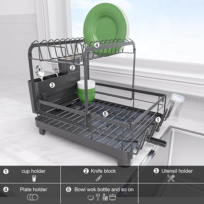 Runnatal 2-Tier Dish Drying Rack, Large Dish Rack with Drainboard Set, Detachable 4-in-1 Large Capacity Dish Drainer Over The Sink Anti-Rust for Kitchen Counter, Black