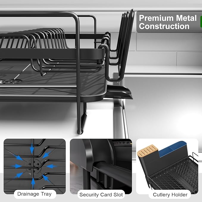 Runnatal Large Dish Drying Rack with Drainboard Set, Dish Rack, Extendable Dish Rack, Utensil Holder, Cup Holder, Expandable Dish Drainer for Kitchen Counter, 21.6"-30.3" L x 12.6" W