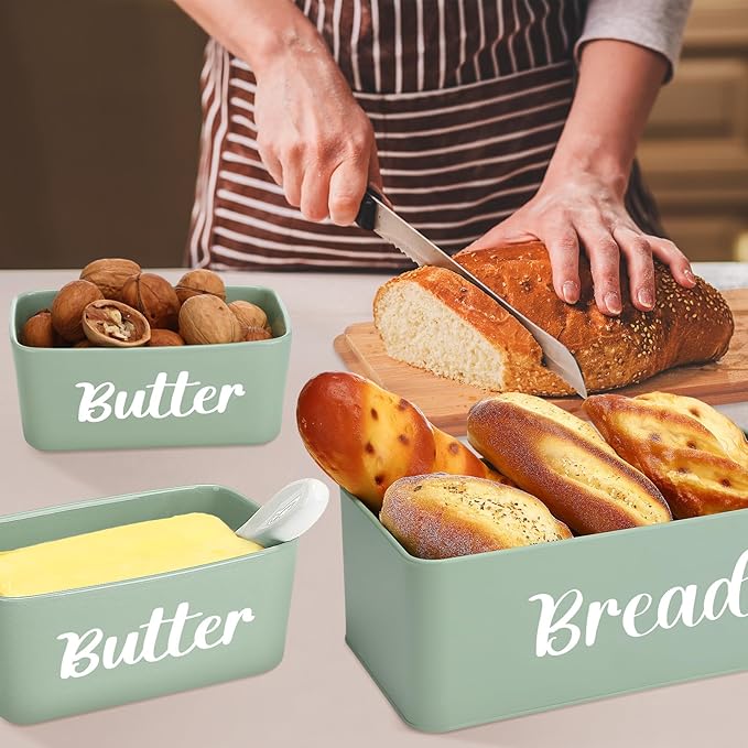 Hushee Metal Bread Box and Butter Dish with Bamboo Cutting Board Lid and Knife Bread Storage Container Breadbox for Kitchen Counter Butter Organizer for Kitchen Countertop Decoration(Sage Green)