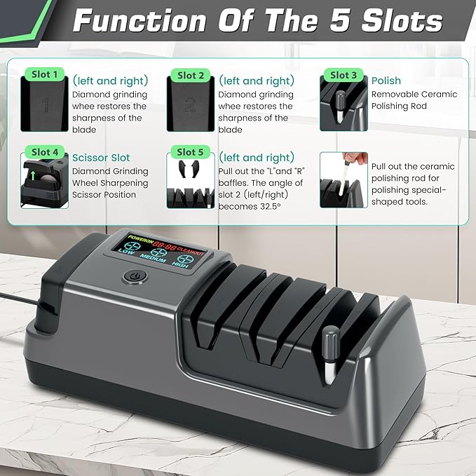 Electric Knife Sharpener with LCD Screen for Straight, Serrated, Meat Cleaver, Ceramic Knives & Scissors, 3 Rotational Speed Adjustable Electric Kitchen Knife Sharpener, 100% Diamond Abrasives