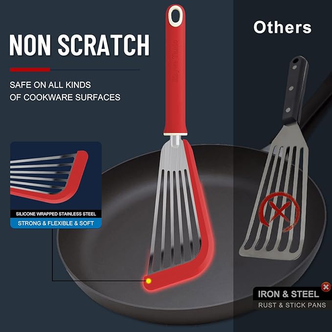 Fish Spatula,600℉ Heat Resistant Silicone Fish Spatula with Basting Brush,for Nonstick Cookware,Flexible Slotted Fishs Turner Spatulas,BPA Free,Dishwasher Safe(Red)