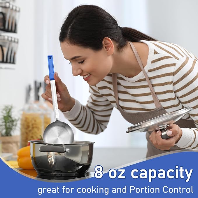2 Pcs Portion Control Serving Spoons, Restaurant Measuring Serving Ladle Utensils, Portion Spoons for Weight Loss, Kitchen(Blue,8 oz,Solid and Slotted)