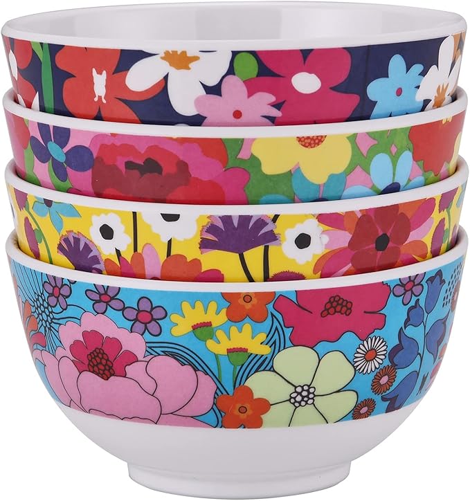 French Bull Melamine Mini Bowls, 4-Piece Set, 10 Fluid Ounces, Small Serving Bowl – Snack Condiment Dipping Sauce Dessert Ice Cream– Shatter Proof, BPA Free, 4.5” x 2.35", Garden Floral