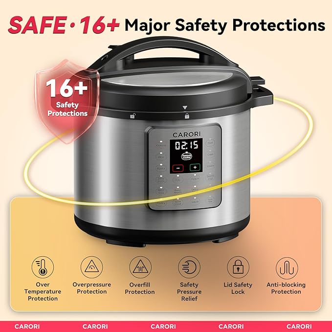 1200W 12-in-1 Electric Pressure Cooker 8Qt, Stainless Steel Pressure Cooker, Slow Cook Rice Cooker Steamer Sauté, Yogurt Maker, Warmer & Sterilizer with Recipe, Safer Venting Design, Sliver