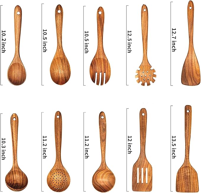 10 Pcs Wooden Spoons for Cooking,Teak Wooden Kitchen Utensils Set Spatulas for Cooking Utensils
