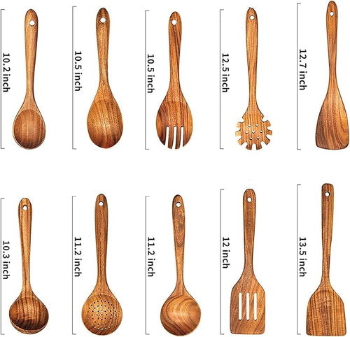 10 Pcs Wooden Spoons for Cooking,Teak Wooden Kitchen Utensils Set Spatulas for Cooking Utensils