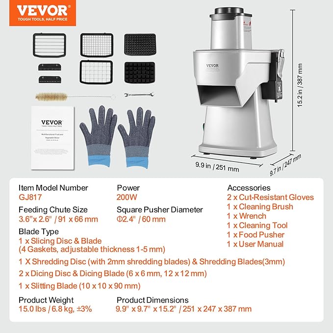 VEVOR Electric Vegetable Slicer, 4 in 1 Multifunctional Food Cutter, 200W Vegetable Chopper for Slicing Shredding Dicing and Slitting, with Cut-Resistant Gloves, for Commercial and Home Use