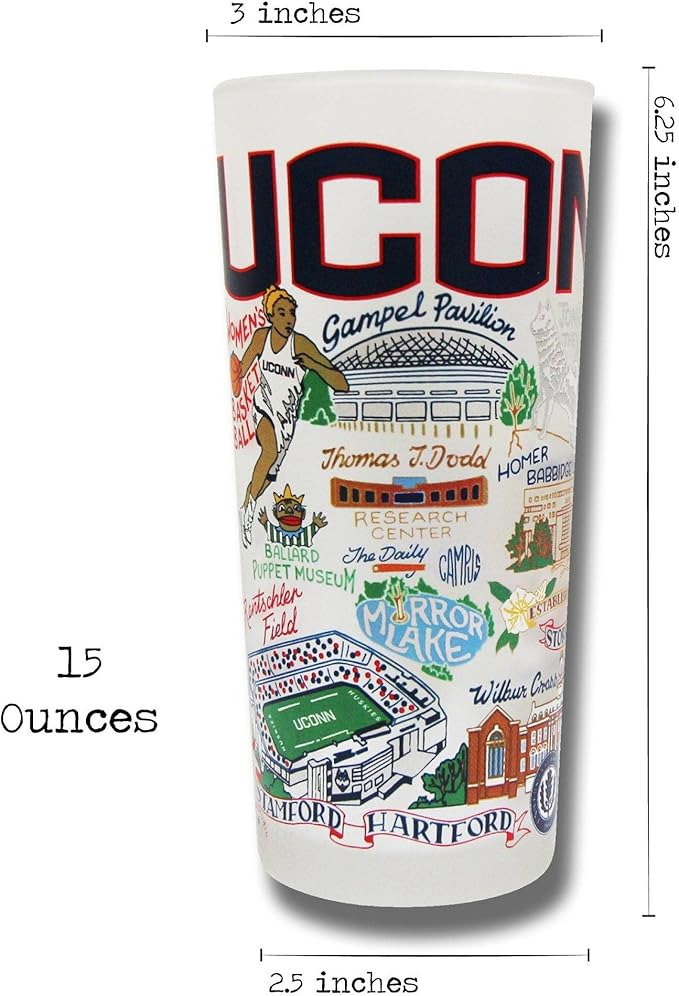 Catstudio Drinking Glass, University of Connecticut Glass Cup for Kitchen, 15oz Dishwasher Safe Tumbler for UConn Alumni