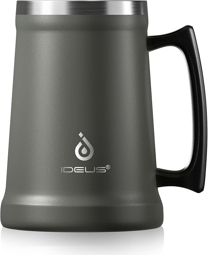 Ideus Insulated Beer Stein, 24/32oz Stainless Steel Double Walled Beer Mug Giant Bar Drinkware Metal Beer Cup with Big Grip Handle (Grey, 24oz (710ml))