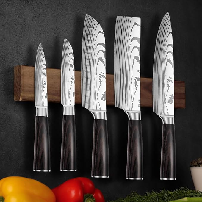 5-Piece Premium Japanese Kitchen Knife Set - Imperial Collection, Laser Damascus Pattern, 440A Stainless Steel Ultra Sharp for Fast Cutting (Redwood 5A)