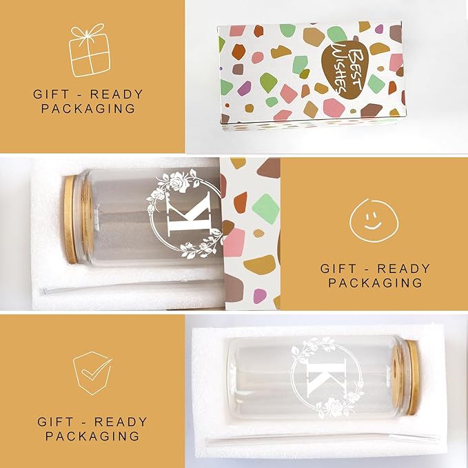 Birthday Gifts for Women, Monogrammed Initial Glass Cup Personalized Gifts for Women, 16oz Glass Cups with Lids and Straws, Iced Coffee Cup, Beer Can Shaped - Gift for Christmas, Birthday, K