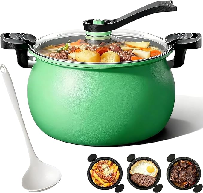 Multifunctional Large Capacity Non-stick Pressure Cooker, 8L Versatile Micro-Pressure Cooking Pot with Visible Transparent Glass Cover, Easily Serves 4–6 People (green)