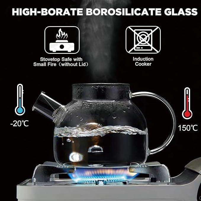 Glass Tea Pot Kettles Stovetop Safe, 50.7oz/1500mL Heatproof Borosilicate Glass Teapot Water Pitcher With Bamboo Lid and Removable Filter Spout for Loose Leaf and Blooming Tea