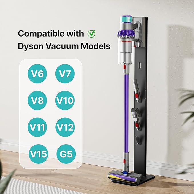 Vacuum Cleaner Stand, Compatible with Cordless Vacuums Dyson Gen5 V15 V12 V11 V10 V8 V7 V6, Floor Vacuum Accessory Holder with 4 Hooks, Metal Storage Bracket Organizer, Black