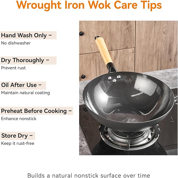 12.6" Carbon Steel Wok Pan, Flat Bottom Stir Fry Pan with Wooden Handle, Traditional Chinese Iron Cookware, Compatible with Gas, Electric & Induction Cooktops