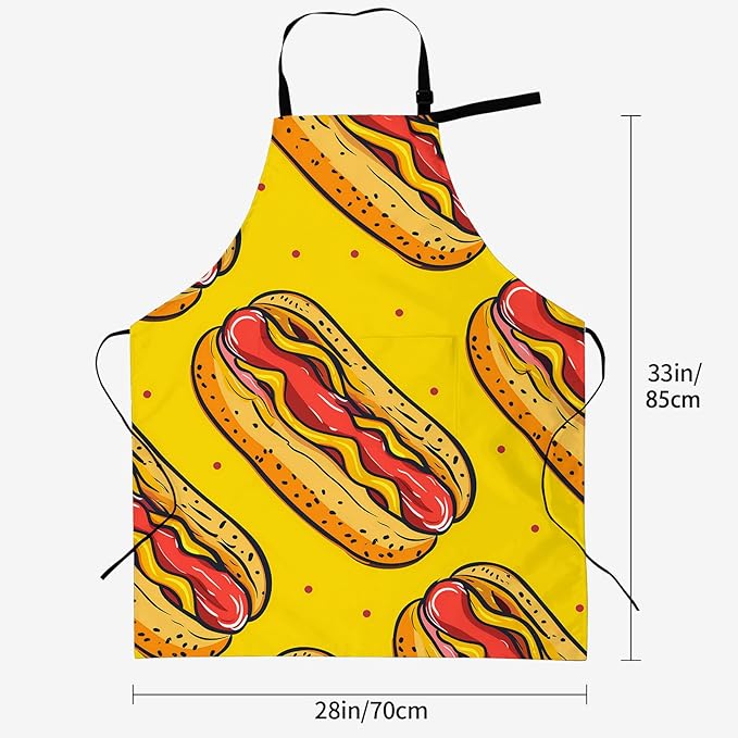 Vibrant Hot Dog Apron for Women, 28x33in, Kitchen Chef Aprons with 2 Pockets, Polyester, Fun Hot Dog Print Apron for Cooking BBQ Baking Gardening Chef, Gifts for Mom Wife Dad