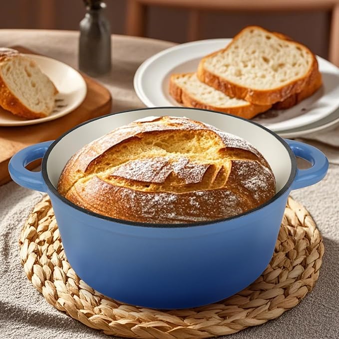 6 Quart Enameled Cast Iron Dutch Oven Pot with Lid and Silicone Accessories, Oven Safe up to 500°F or on Stovetop, Non-stick Dutch Oven for Bread Baking, Cooking, Dual Handles Cookware, Light Blue