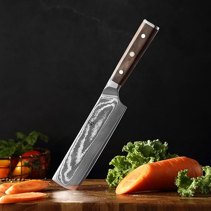 Wakoli HIK Damascus Nakiri Knife – Full Tang Vegetable Knife | 7-Inch Blade Made of 67-Layer Damascus Steel with VG10 Core | Walnut Wood Handle | Sharp, Durable, Gift Box Included