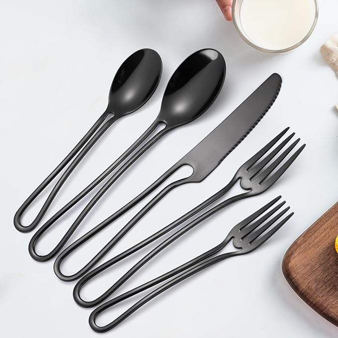Black Silverware Hollow Flatware Set for 4 Stainless Steel Cutlery 20 Piece Hanging Forks Spoons and Knives Unique Eating Utensils for Home Restaurant Parties