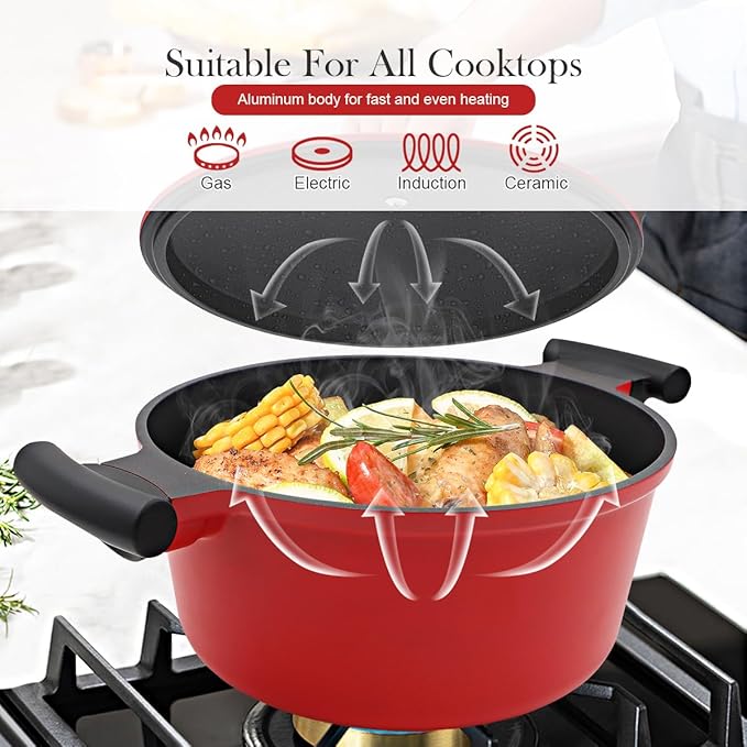 2.5 Qt Cast Aluminum Dutch Oven Pot for Stew Braise Soup Simmer and Fry, Mini Nonstick Stock Pot with Lid & Stay-Cool Handle for All Stoves Including Induction, PFOA PFOS APEO Free