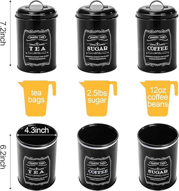 yarlung Metal Bread Box with 3 Kitchen Canisters Set, Large Black Farmhouse Bread Tin for Kitchen Countertop, Coffee Tea Sugar Canister with Airtight Lid for Pantry Organizer Home Storage