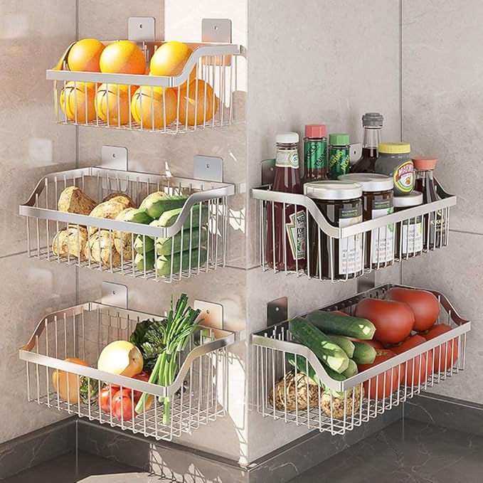 2 Set Fruit Basket for Kitchen, Pantry Kitchen Organizers and Storage, SUS304 Stainless Steel Wire Wall Basket, Onion Potato Vegetable Storage for Countertop Floor Cabinet Shelf