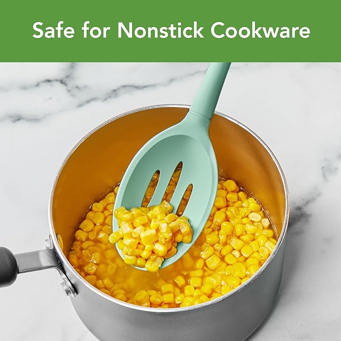 Tovolo Flex-Core Non-Stick All Silicone Slotted Deep Spoon Kitchen Utensil for Scooping and Serving – Heat-Resistant, Dishwasher Safe & BPA Free - Aqua