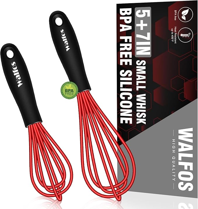 Walfos Mini Whisk Red Small whisk-Non Scatch Rubber Coated Whisks,Mini silicone whisk 5&7 inch Tiny Wisk,Nice for mixing and stirring small batches of powder and sauce in small bowl containers.2pcs