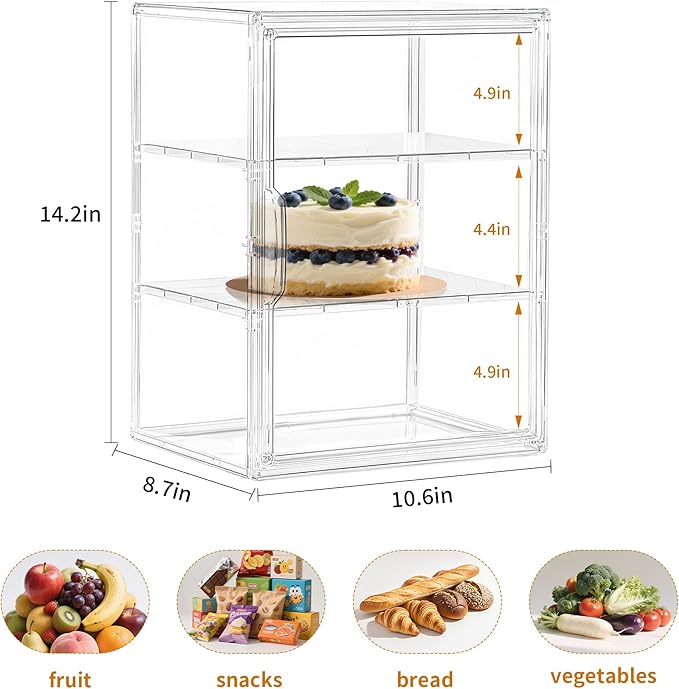Bakery Pastry Display Case 3 Layer Large Clear Bread Box For Kitchen Countertop Bread Storage For Homemade Bread, 10.6" L x 8.7" W x 14.2" H, 1 Pack