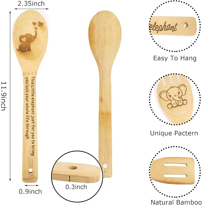 5PCS Elephant Wooden Cooking Spoons Set - Elephant Gifts & Kitchen Decor - Bamboo Cooking Utensils