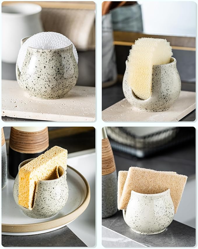 Sponge Holder for Kitchen Sink, Ceramic Dish Sponge Dish Rack Scrubby Caddy Kitchen Organizer Cute Sink Caddy Organizer, Farmhouse Decor, Speckled Glaze