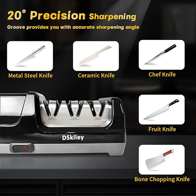 Electric Knife Sharpener for Kitchen – Professional 3-Stage 100% Diamond System with 20° Precision Angle, Fast Sharpening to Restore & Polish Chef Knives(Black)
