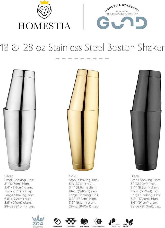 Homestia Boston Cocktail Shaker Set, 18 oz & 28 oz Stainless Steel Weighted Shaker Tins, Metal Martini Shaker Drink Mixer for Bartending, Professional Bar Tools for Bartender (Gold)