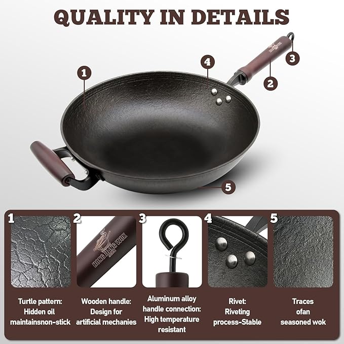 HONGJIANG Cast Iron Wok Pan, 13.4" Pre-Seasoned Flat Bottom Wok,Coating-Free Wok Stir Fry Pan With Glass Lid,Compatible Traditional Chinese Wok For Induction, Electric, Gas,Open Fire