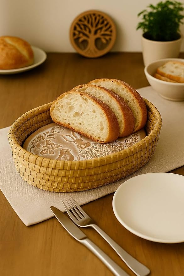 Bread Basket with Terracotta Warmer, Bread Basket for Serving, Sized 12.5" w x 8.5" d x 3.5" h, Nature Inspired Spring Friends Design