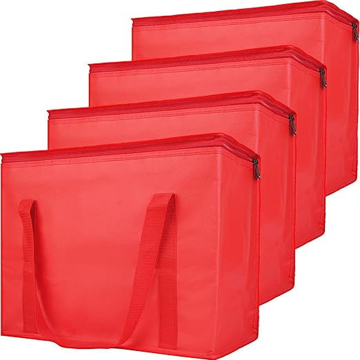 Bodaon 4-Pack Insulated Reusable Grocery Bag with Zippered Top, X-Large Cooler Bag for Picnic, Food Delivery Bags, Insulated Pizza Delivery Bags, Red