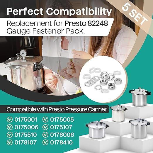 5 Sets Pressure Cooker Gauge Fastener Pack 82248 Fit for Presto Pressure Canner Steam Gauge 85772 82237 82121 - Gauge Gasket Replacement Parts Including Rubber Gasket, Stainless Steel Nut and Washer