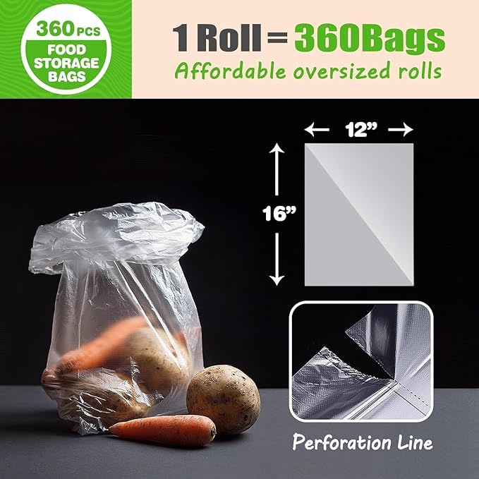 Teivio 360 Count 12" x 16" Plastic Produce Bags on A Roll, Clear Kitchen Disposable Plastic Food Storage Bags for Bread Fruit Vegetable and Meat