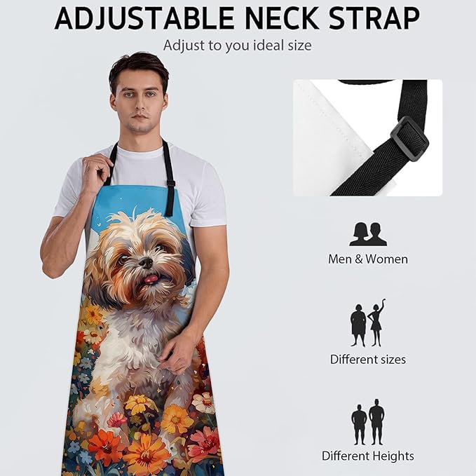 Adorable Shih Tzu Dog Apron, Adjustable Kitchen Vibrant Floral Design Aprons with Pockets for Cooking BBQ Gardening, 28×33 IN, Holiday Gifts for Women Men Wife, for Chef Baking, Oxford Fabric