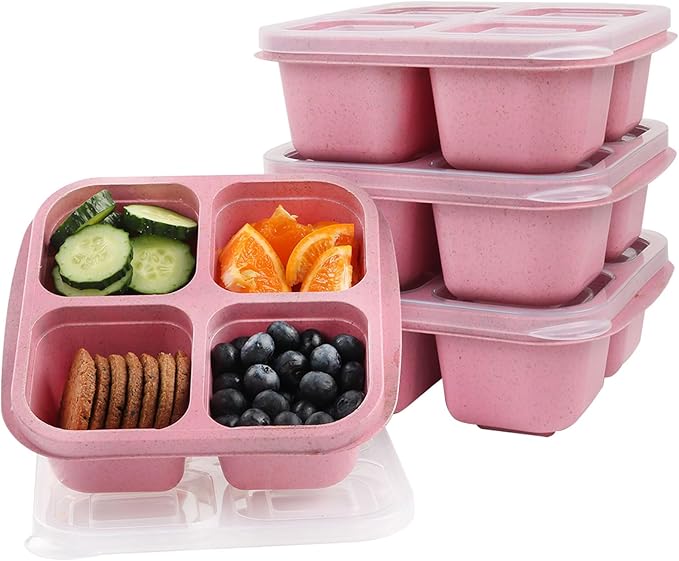 4 Pack Snack Containers, 4 Compartments Snackle Box Container, Meal Prep Reusable Lunchable Container, Microwave Dishwasher Safe, Food Storage Containers for Work Travel (Pink)