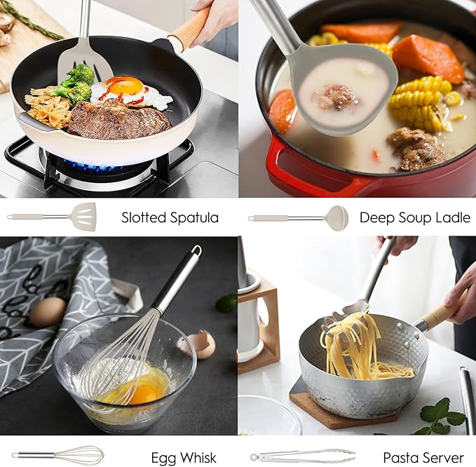 Silicone Kitchen Cooking Utensil Set, Silicone Kitchen Spatula Utensils Set with Stainless Steel Handle,Non-stick Heat Resistant - Best Kitchen Cookware Set-(Khaki)