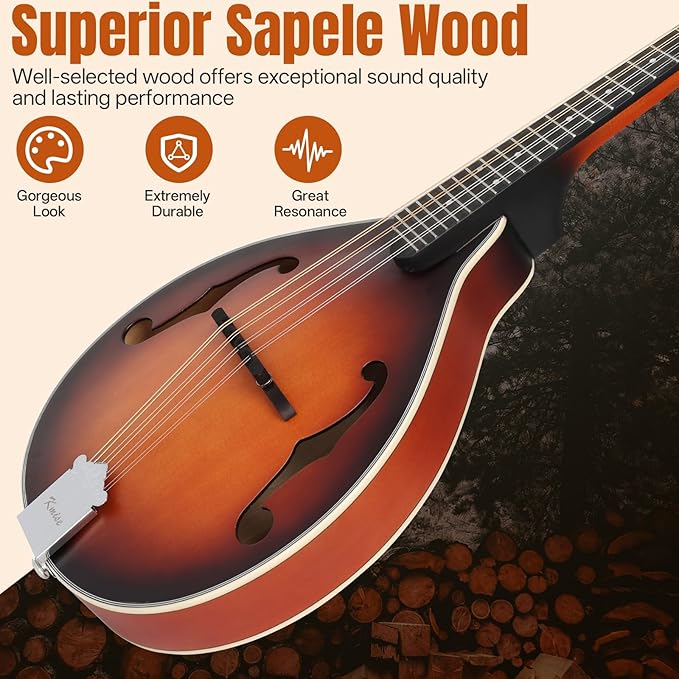 Mandolin Musical Instrument A Style, Acoustic Mandolins Instrument Kit Italian 8 String for Professional Beginners Adults Teens Youth Kids (A Style Acoustic Brown Sunset, 8 String)
