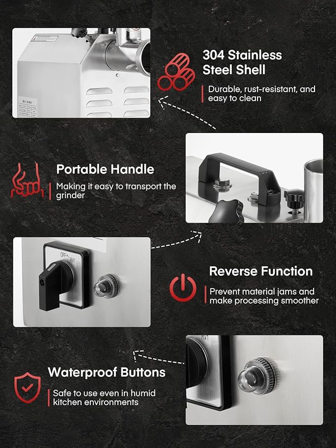 #12 Commercial Meat Grinder, 840 LB/H,1.2HP, Heavy Duty Industrial Meat Grinder, Sausage Stuffing Machine with 2 Stainless Steel Blade, 2 Grinding Plates, Sausage Kit (#12-840LB/H)