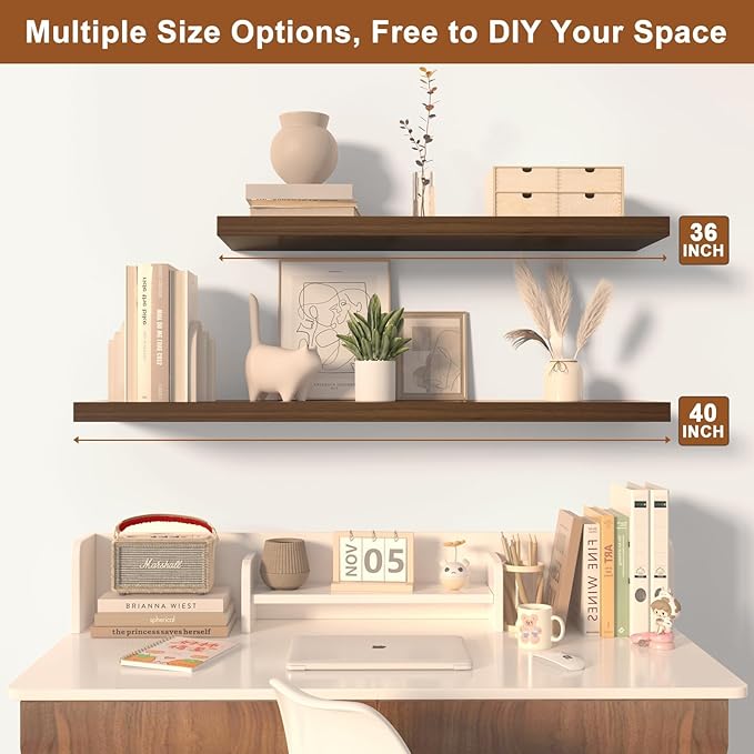 12 Inch Deep Floating Shelves for Wall 2 Pack Floating Shelfs Large Storage Space Wall Decor Display Shelf for Bathroom Living Room Bedroom Kitchen 48" W x 12" D x 1.2" H Walnut