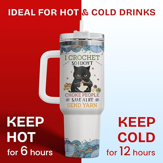 34HD Black Cat Tumbler with Handle & Straw, 40oz Vacuum Insulated Cat Coffee Cup, I Crochet So I Dont Choke People Mug, Crochet Lover Gifts for Birthday Mothers Day Christmas