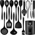 Silicone Kitchen Utensils Set - 15 Pieces Non Toxic Silicone Utensils Set For Cooking，428°F Heat Resistant Food Grade Kitchen Tools，Dishwasher Safe (Black, 15 Piece Set)