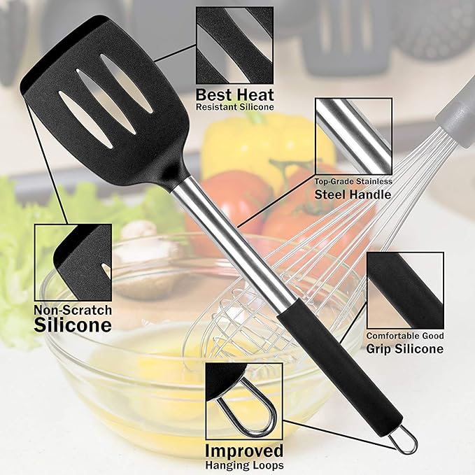 MIBOTE Silicone Kitchen Utensils Set, Cooking Utensils Set with Heat Resistant BPA-Free Silicone and Stainless Steel Handle Kitchen Tools Set (Black)