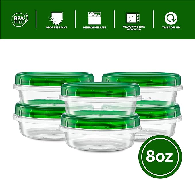 (8 Ounce 10 Pack) Twist cap Containers Clear Bottom With Green Top Screw on Lids Twist Top Food Storage Freezer Containers