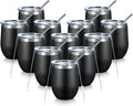 COMOOO 12oz Stainless Steel Wine Tumbler with Lid and Straw, Double Wall Vacuum Insulated Wine Tumbler Cup, Stemless Wine Tumbler for Cold and Hot Drinks, Coffee, Wine, Cocktails, Black, 12 Pack
