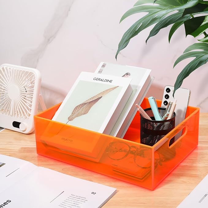 Large Storage Bin Acrylic Pantry Storage Container with Handles Kitchen Organizer Bin for Cabinet Cupboard Organization, Heavy Duty, 15.4 x 11.4 x 5.5'', Neon Orange